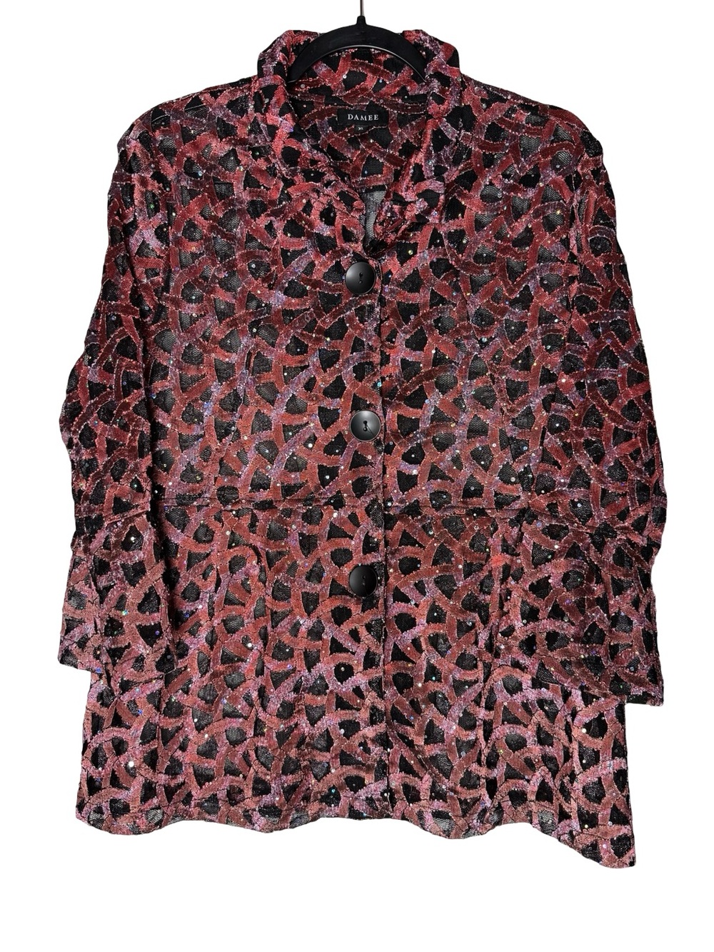 Damee Top Women’s Size XL Red Black Sequin Sheer Mesh Art to Wear Lagenlook